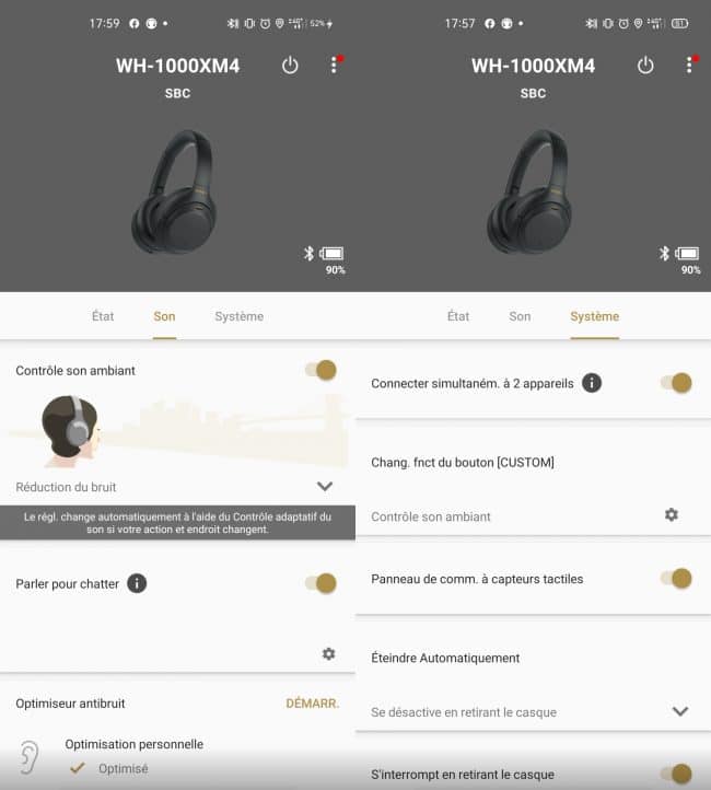 Réglages disponibles pour le Sony WH-1000XM4 dans Headphones Connect